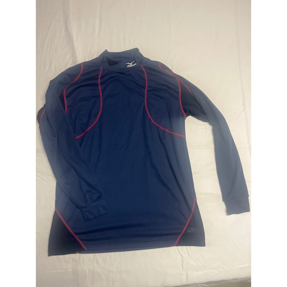 Mizuno Mens Long Sleeve Mock Neck Athletic Base Layer Navy Blue Red RN 89730 L